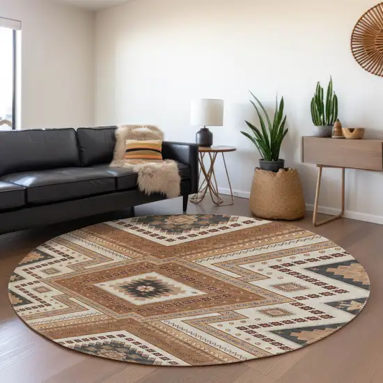 8' Copper Beige And Gray Tribal Washable Round Rug With UV Protection Photo 4