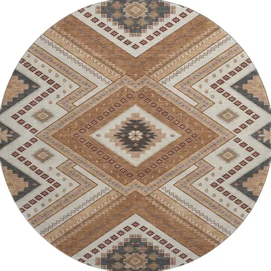 8' Copper Beige And Gray Tribal Washable Round Rug With UV Protection Photo 3