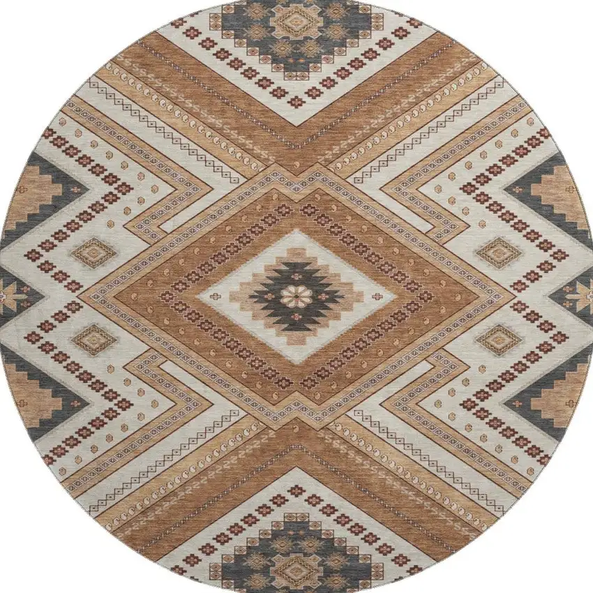 8' Copper Beige And Gray Tribal Washable Round Rug With UV Protection Photo 3