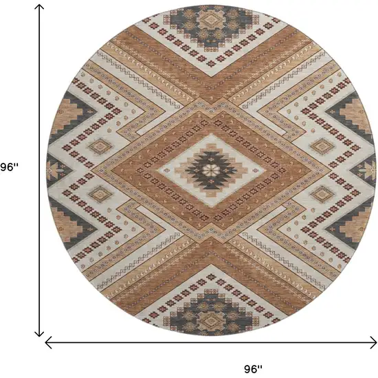 8' Copper Beige And Gray Tribal Washable Round Rug With UV Protection Photo 9