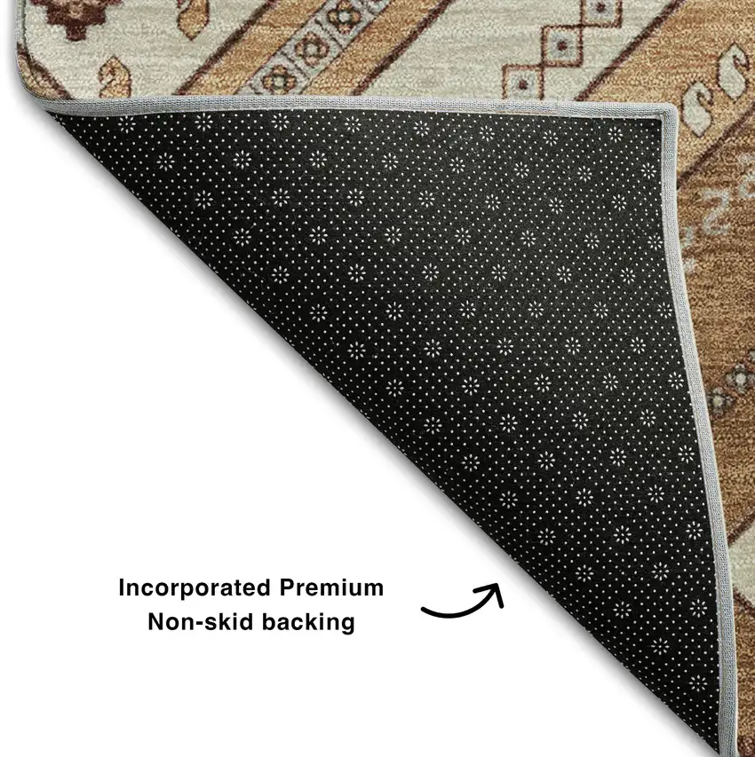 8' Copper Beige And Gray Tribal Washable Round Rug With UV Protection Photo 5