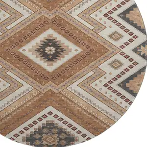 Photo of 8' Copper Beige And Gray Tribal Washable Round Rug With UV Protection
