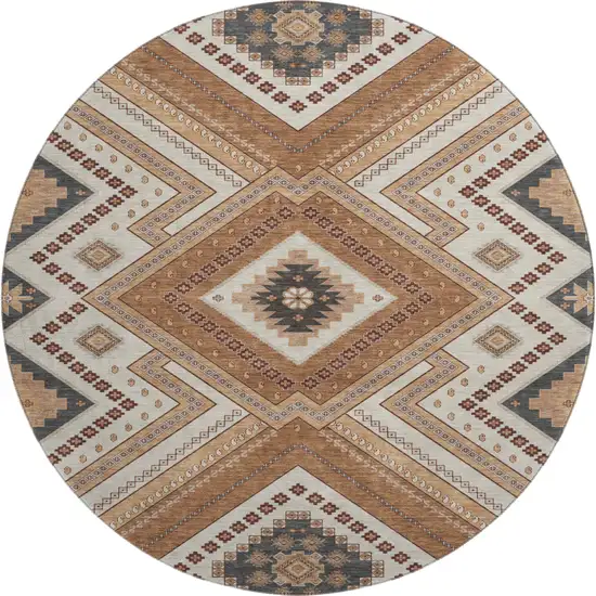8' Copper Beige And Gray Tribal Washable Round Rug With UV Protection Photo 1