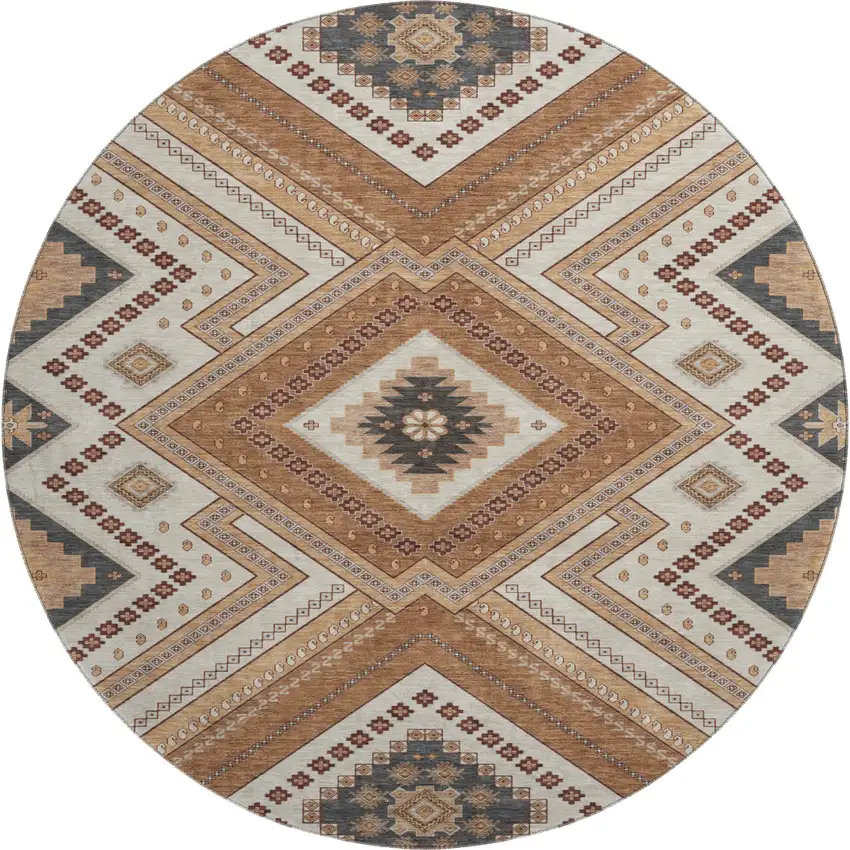 8' Copper Beige And Gray Tribal Washable Round Rug With UV Protection Photo 1