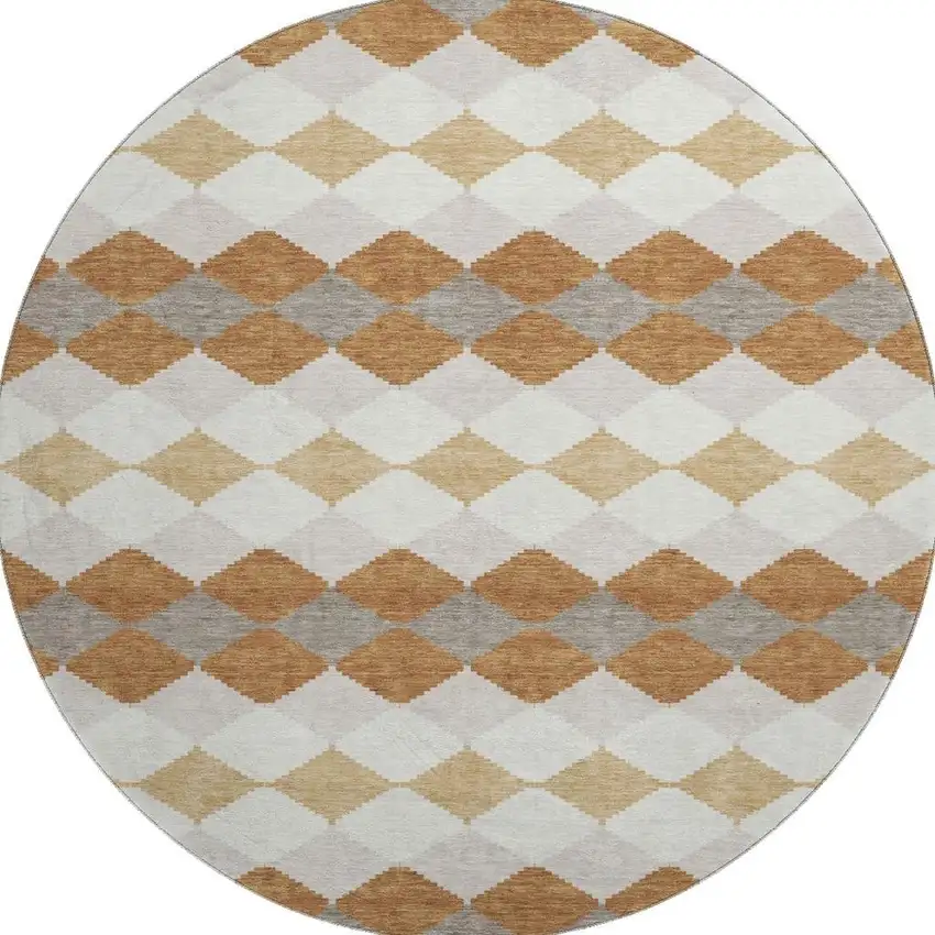 8' Copper Beige And Ivory Geometric Washable Round Rug With UV Protection Photo 3