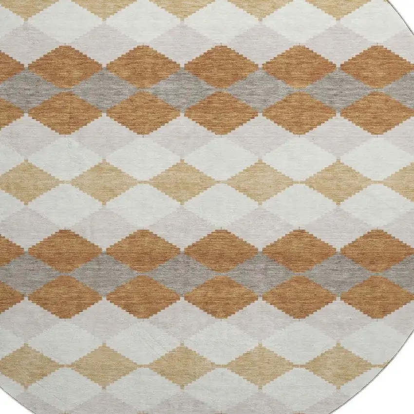 8' Copper Beige And Ivory Geometric Washable Round Rug With UV Protection Photo 2