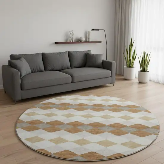 8' Copper Beige And Ivory Geometric Washable Round Rug With UV Protection Photo 2