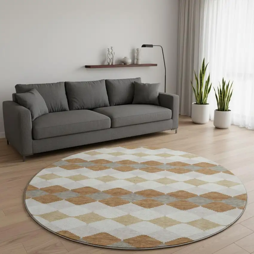 8' Copper Beige And Ivory Geometric Washable Round Rug With UV Protection Photo 2