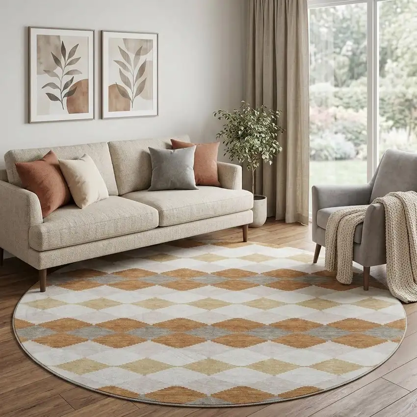 8' Copper Beige And Ivory Geometric Washable Round Rug With UV Protection Photo 1