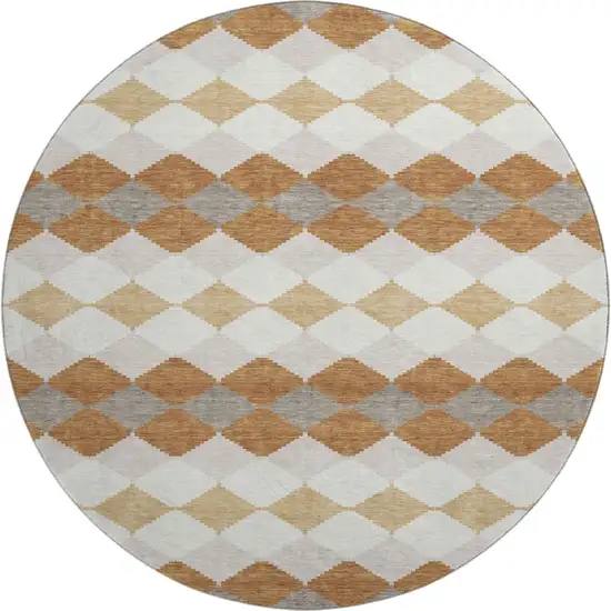 8' Copper Beige And Ivory Geometric Washable Round Rug With UV Protection Photo 1