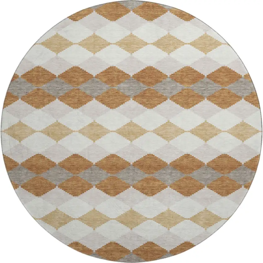 8' Copper Beige And Ivory Geometric Washable Round Rug With UV Protection Photo 1