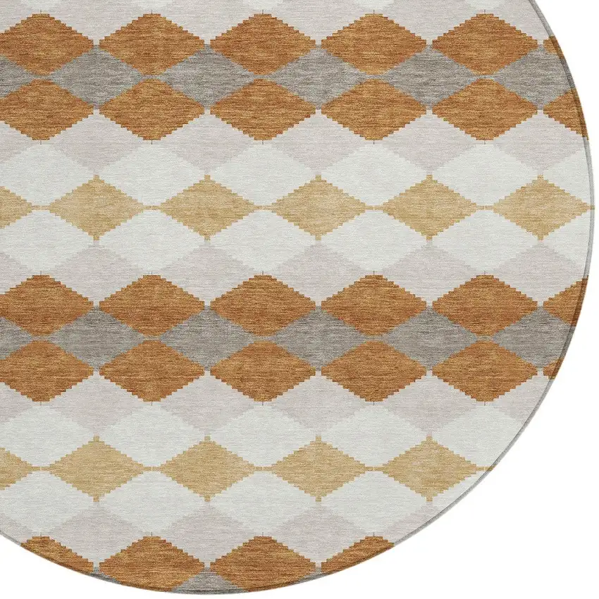 8' Copper Beige And Ivory Round Geometric Washable Indoor Outdoor Area Rug Photo 4