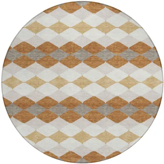 8' Copper Beige And Ivory Round Geometric Washable Indoor Outdoor Area Rug Photo 2