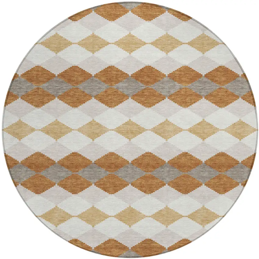 8' Copper Beige And Ivory Round Geometric Washable Indoor Outdoor Area Rug Photo 2