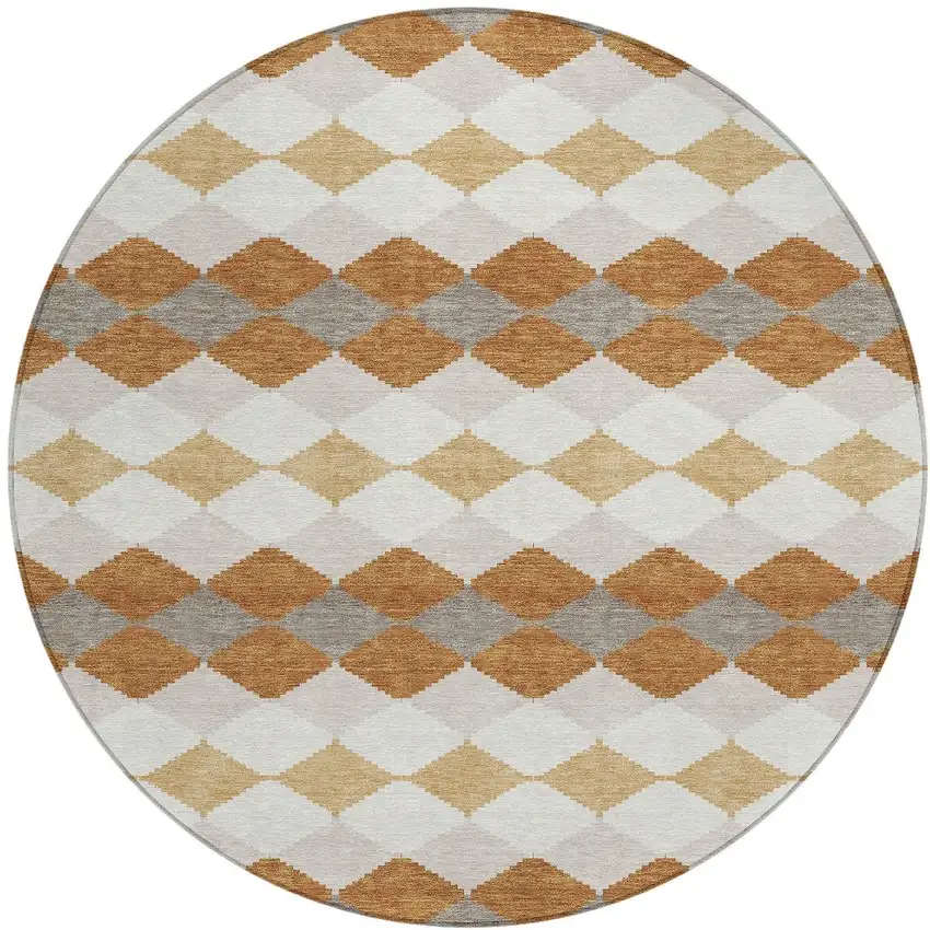 8' Copper Beige And Ivory Round Geometric Washable Indoor Outdoor Area Rug Photo 6