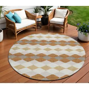 Photo of 8' Copper Beige And Ivory Round Geometric Washable Indoor Outdoor Area Rug