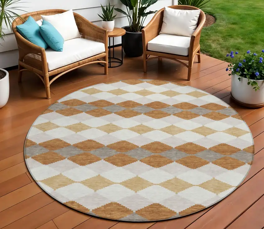 8' Copper Beige And Ivory Round Geometric Washable Indoor Outdoor Area Rug Photo 1