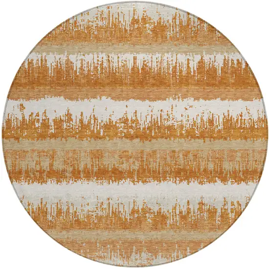 8' Copper Beige And Ivory Round Striped Washable Indoor Outdoor Area Rug Photo 2