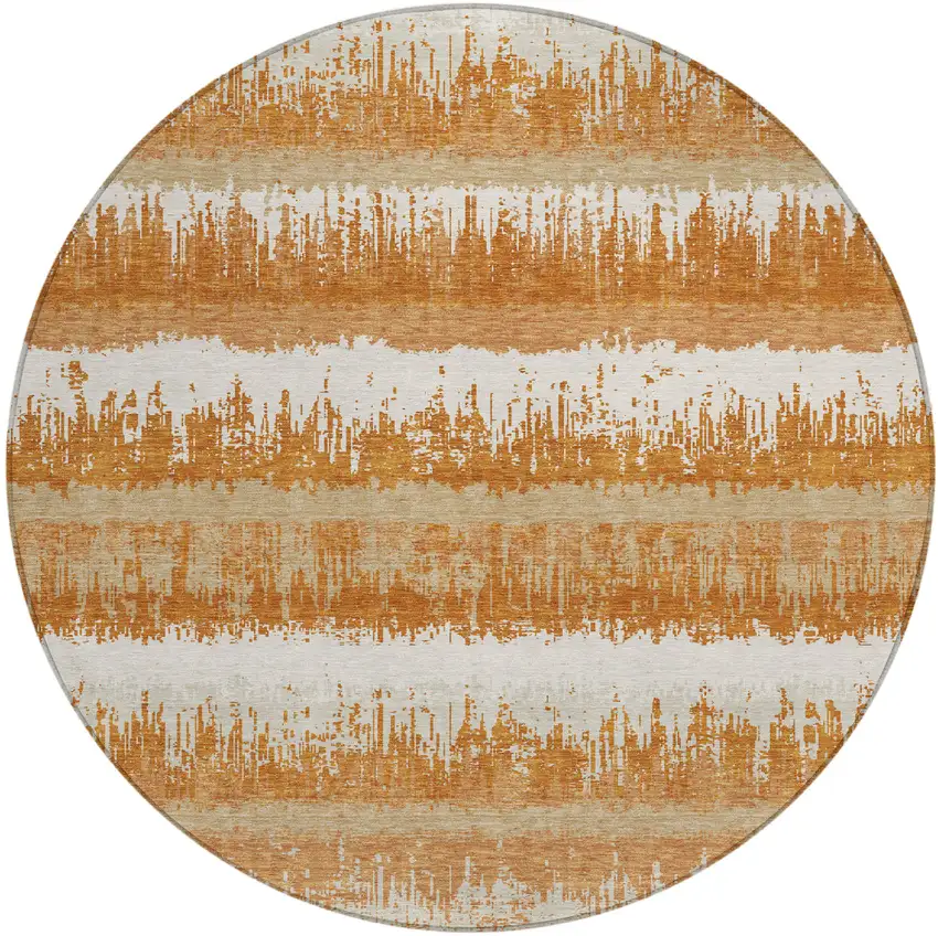8' Copper Beige And Ivory Round Striped Washable Indoor Outdoor Area Rug Photo 2