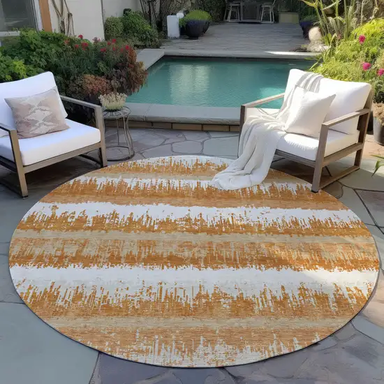 8' Copper Beige And Ivory Round Striped Washable Indoor Outdoor Area Rug Photo 8