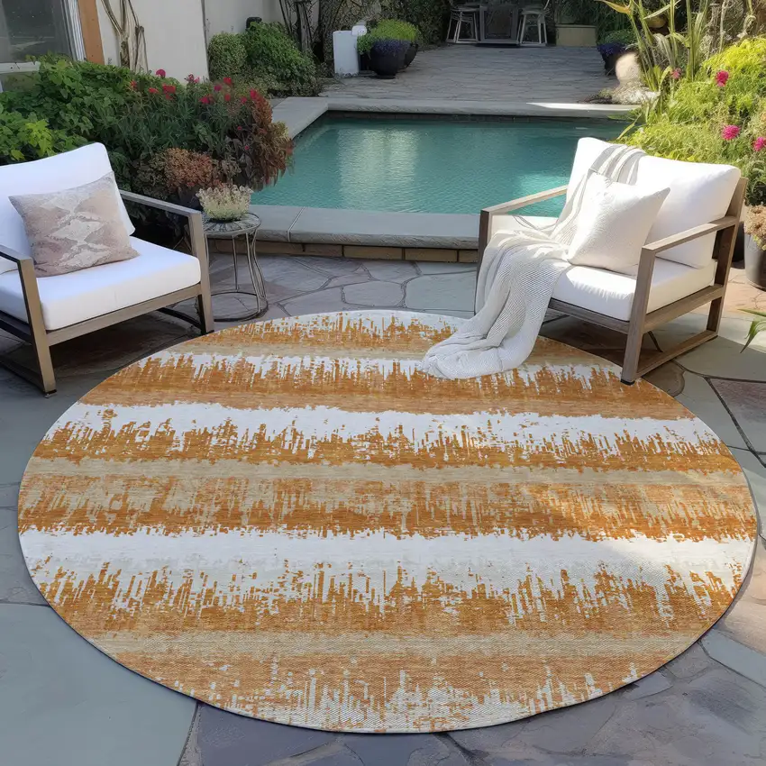 8' Copper Beige And Ivory Round Striped Washable Indoor Outdoor Area Rug Photo 8