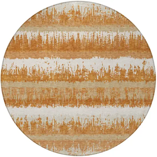 8' Copper Beige And Ivory Round Striped Washable Indoor Outdoor Area Rug Photo 7