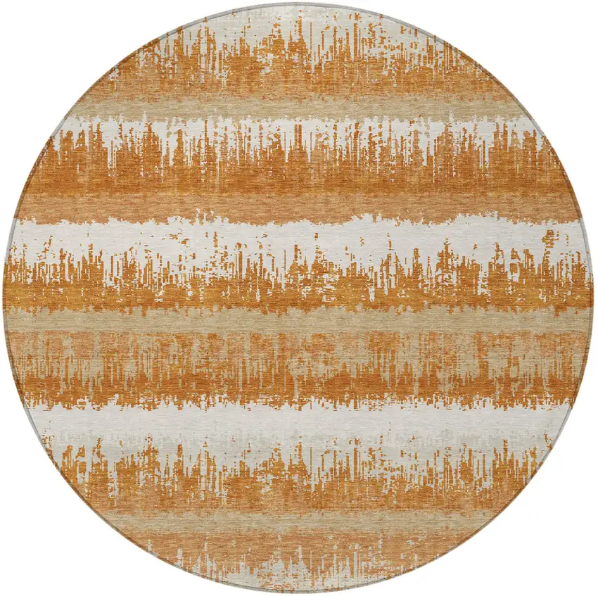 8' Copper Beige And Ivory Round Striped Washable Indoor Outdoor Area Rug Photo 7