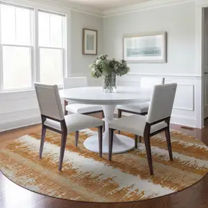 Photo of 8' Copper Beige And Ivory Round Striped Washable Indoor Outdoor Area Rug