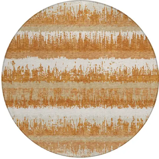 8' Copper Beige And Ivory Round Striped Washable Indoor Outdoor Area Rug Photo 6