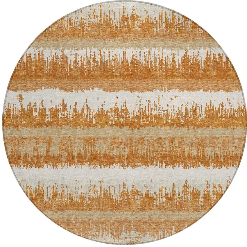 8' Copper Beige And Ivory Round Striped Washable Indoor Outdoor Area Rug Photo 6