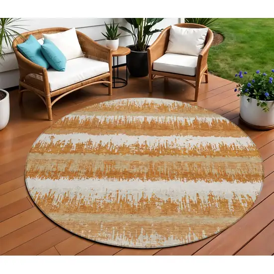 8' Copper Beige And Ivory Round Striped Washable Indoor Outdoor Area Rug Photo 1