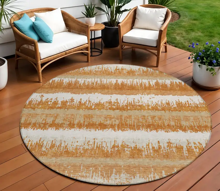 8' Copper Beige And Ivory Round Striped Washable Indoor Outdoor Area Rug Photo 1