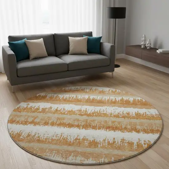 8' Copper Beige And Ivory Striped Washable Round Rug With UV Protection Photo 2