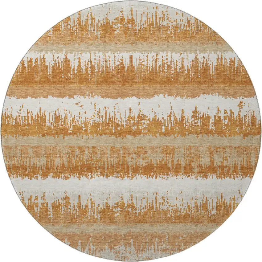 8' Copper Beige And Ivory Striped Washable Round Rug With UV Protection Photo 2