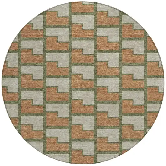 8' Copper Beige And Olive Green Round Geometric Washable Indoor Outdoor Area Rug Photo 3