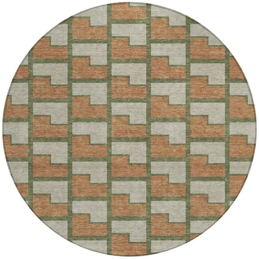 8' Copper Beige And Olive Green Round Geometric Washable Indoor Outdoor Area Rug Photo 3