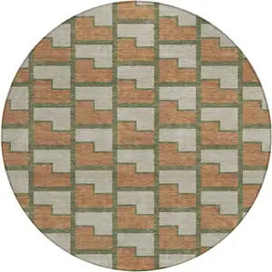 Photo of 8' Copper Beige And Olive Green Round Geometric Washable Indoor Outdoor Area Rug