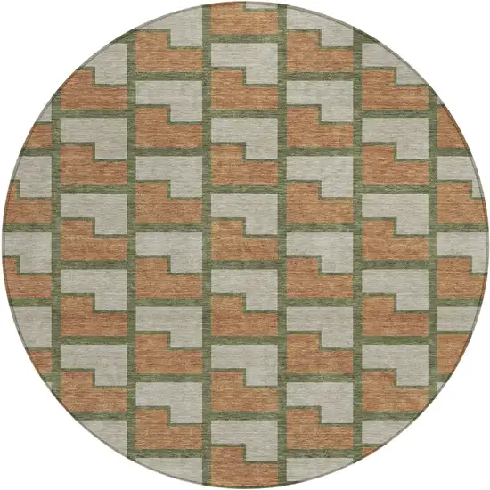 8' Copper Beige And Olive Green Round Geometric Washable Indoor Outdoor Area Rug Photo 1