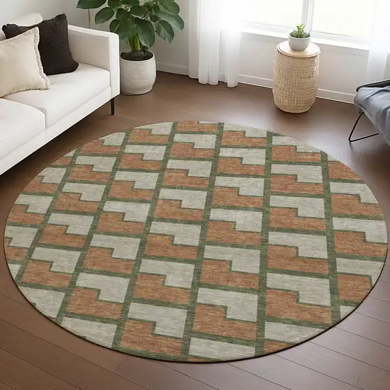 8' Copper Beige And Olive Green Round Geometric Washable Indoor Outdoor Area Rug Photo 5