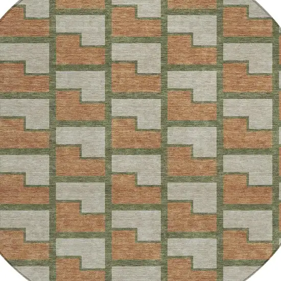 8' Copper Beige And Olive Green Round Geometric Washable Indoor Outdoor Area Rug Photo 2