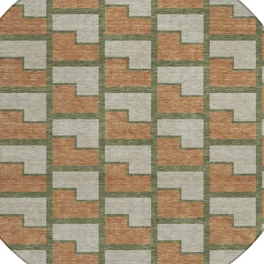 8' Copper Beige And Olive Green Round Geometric Washable Indoor Outdoor Area Rug Photo 2