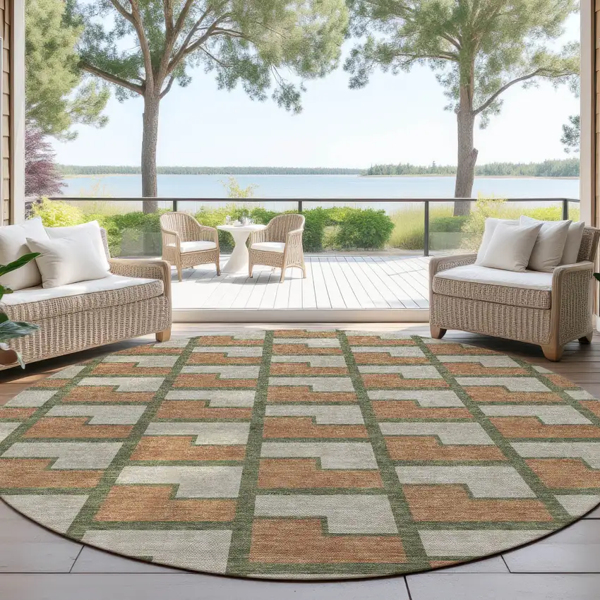 8' Copper Beige And Olive Green Round Geometric Washable Indoor Outdoor Area Rug Photo 4