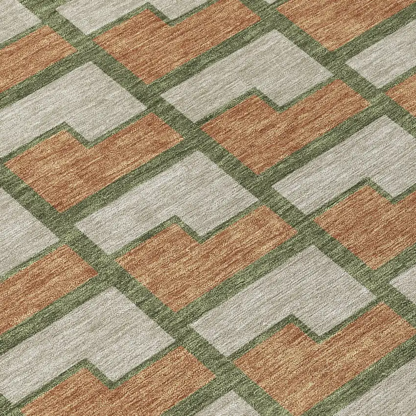 8' Copper Beige And Olive Green Round Geometric Washable Indoor Outdoor Area Rug Photo 9