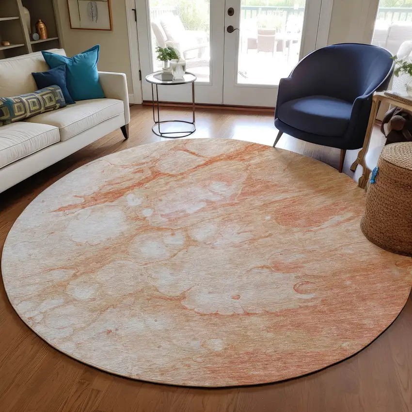 8' Copper Beige And Silver Round Abstract Washable Indoor Outdoor Area Rug Photo 7