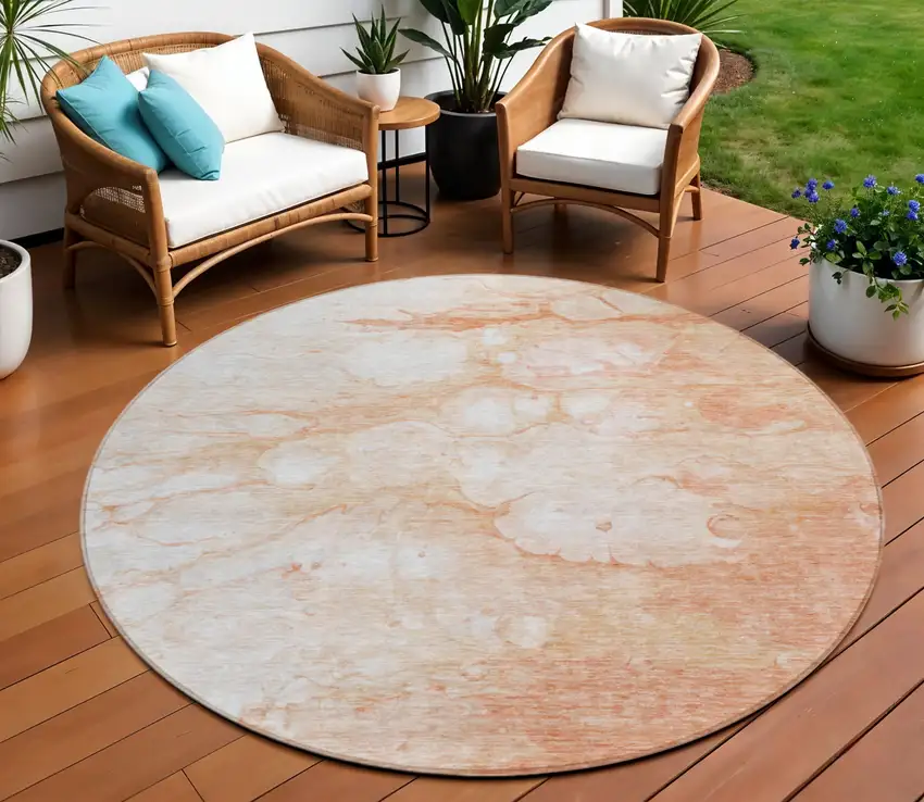 8' Copper Beige And Silver Round Abstract Washable Indoor Outdoor Area Rug Photo 1