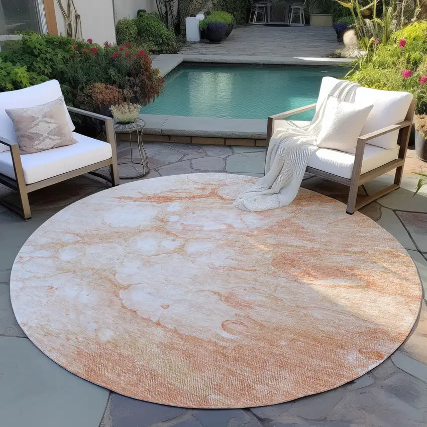 8' Copper Beige And Silver Round Abstract Washable Indoor Outdoor Area Rug Photo 6