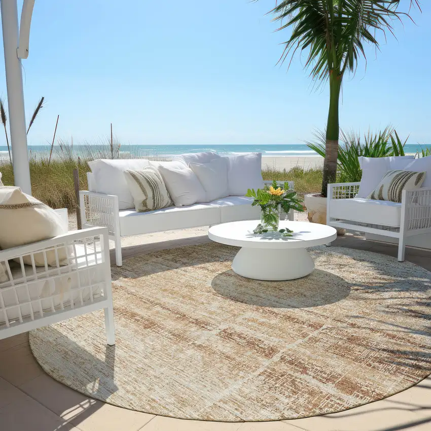 8' Copper Beige And Taupe Round Abstract Washable Indoor Outdoor Area Rug Photo 6