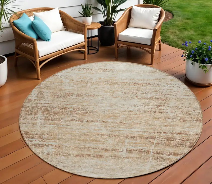 8' Copper Beige And Taupe Round Abstract Washable Indoor Outdoor Area Rug Photo 1
