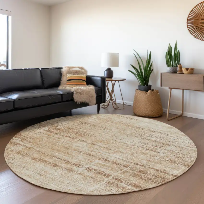 8' Copper Beige And Taupe Round Abstract Washable Indoor Outdoor Area Rug Photo 7