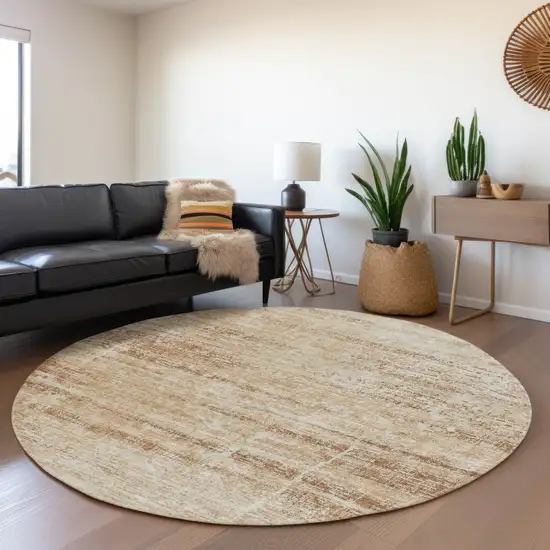 8' Copper Beige And Taupe Round Abstract Washable Indoor Outdoor Area Rug Photo 7